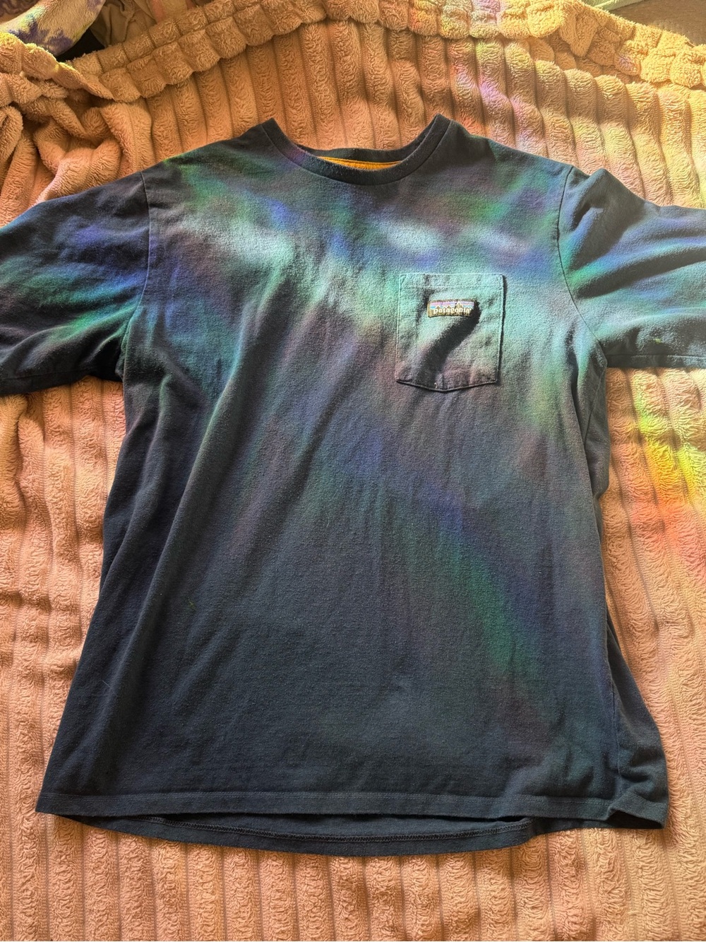 Patagonia Navy Short Sleeve Pocket Tee with Iridescent Green-Blue Accents